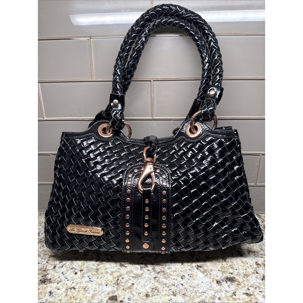 La Gioe Di Toscana Leather Woven Handbag Italian Couture Collection Black